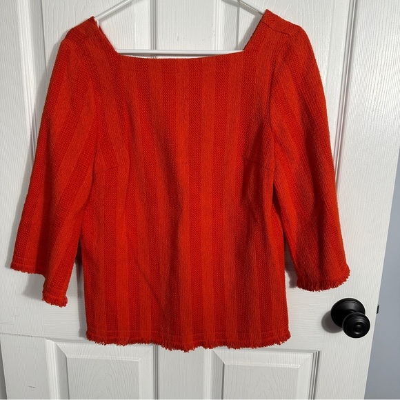 Trina Turk orange striped top, 3/4 slv, size medium, fringe, nubby, fall - Picture 1 of 9